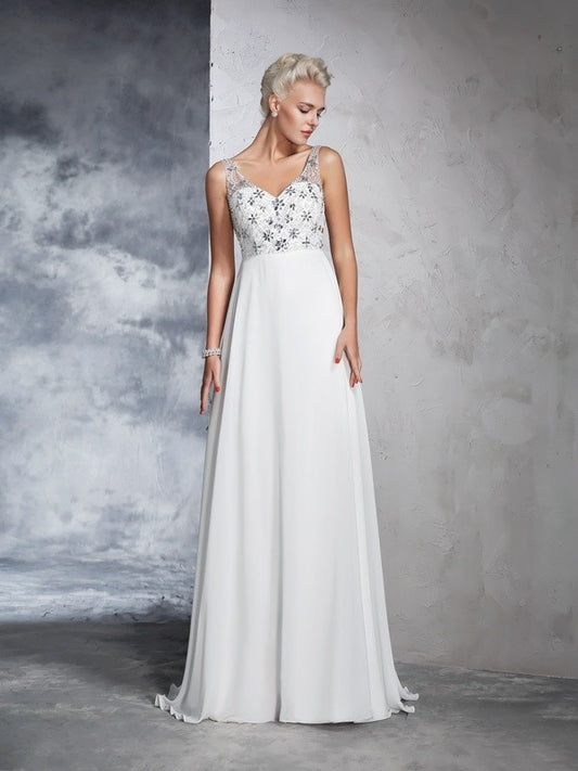 Beading V-neck Long Sleeveless A-Line/Princess Chiffon Wedding Dresses