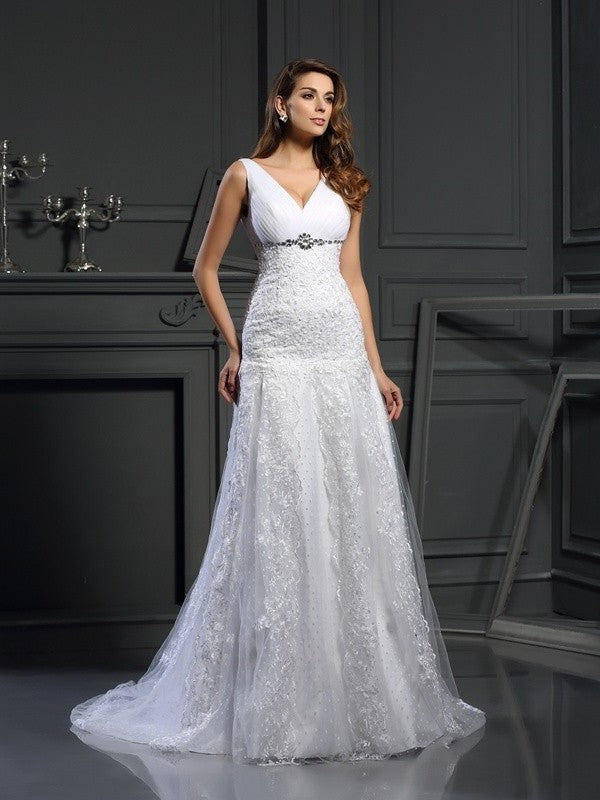 Sleeveless Beading V-neck A-Line/Princess Long Satin Wedding Dresses