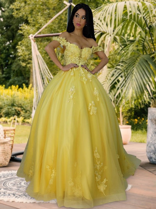 Ball Sleeveless Off-the-Shoulder Gown Tulle Applique Sweep/Brush Train Dresses