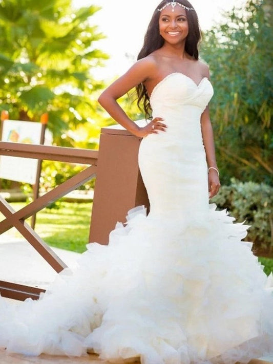 Train Sleeveless Court Sweetheart Trumpet/Mermaid Organza Wedding Dresses