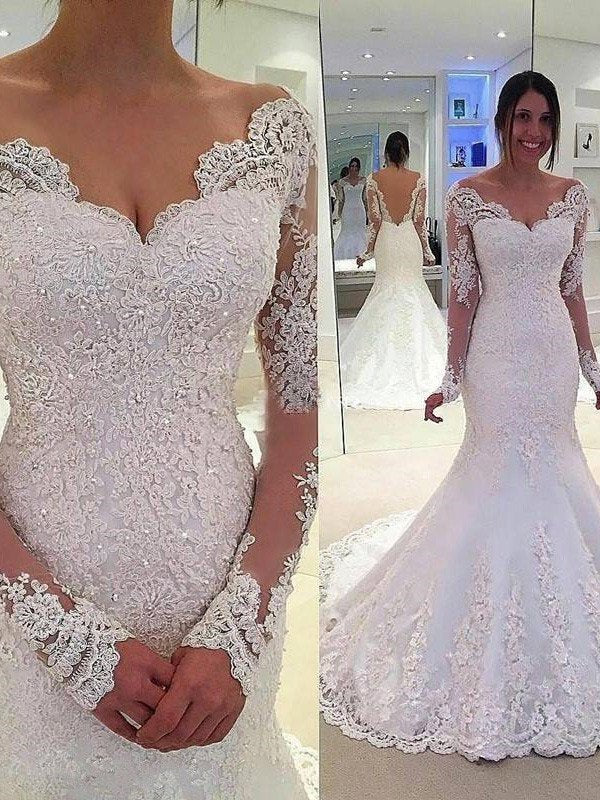 Trumpet/Mermaid Court Sleeves Long Train V-neck Lace Tulle Wedding Dresses