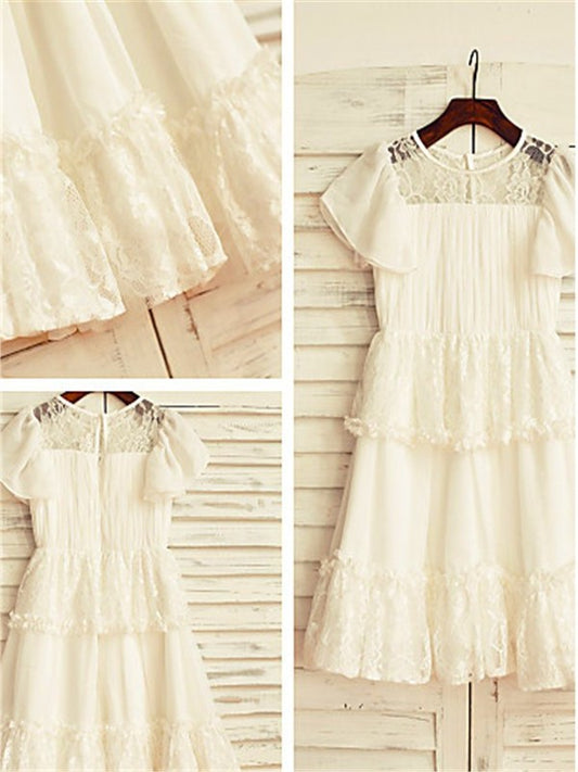 Short Scoop Lace Chiffon Tea-Length A-line/Princess Sleeves Flower Girl Dresses