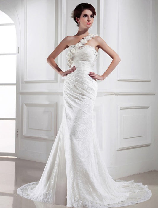 Trumpet/Mermaid Sleeveless One-shoulder Beading Lace Satin Long Wedding Dresses