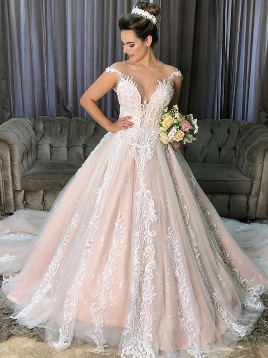 Sleeveless Court Scoop Tulle Applique Gown Ball Train Wedding Dresses