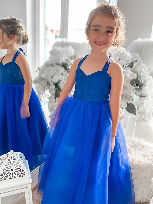 Sleeveless Tulle Halter Tea-Length A-Line/Princess Ruffles Flower Girl Dresses