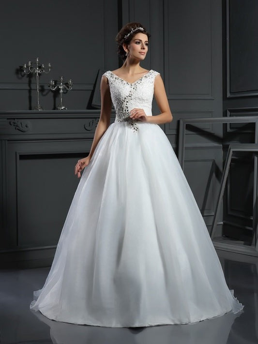 V-neck Beading Long Sleeveless A-Line/Princess Organza Wedding Dresses