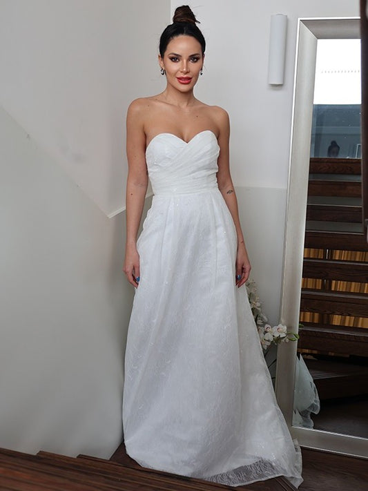 Sweetheart Sleeveless Sweep/Brush Ruched A-Line/Princess Train Wedding Dresses