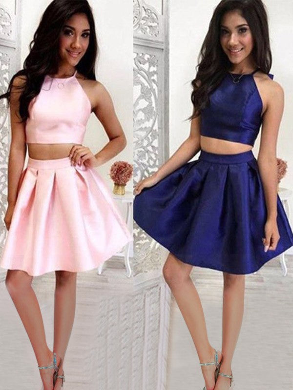 Amaya A-Line/Princess Ruffles Halter Satin Sleeveless Short/Mini Two Piece Homecoming Dresses Dresses