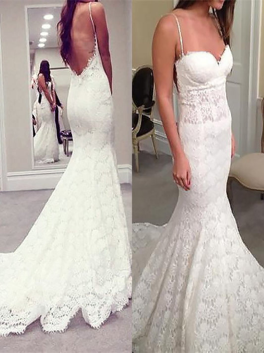 Trumpet/Mermaid Spaghetti Straps Court Lace Train Sleeveless Wedding Dresses