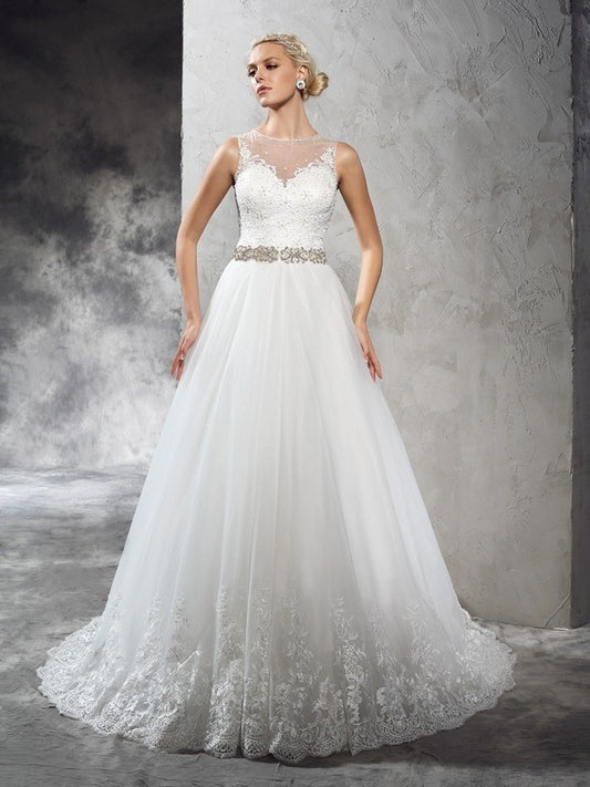 Long Beading A-Line/Princess Sleeveless Sheer Neck Net Wedding Dresses