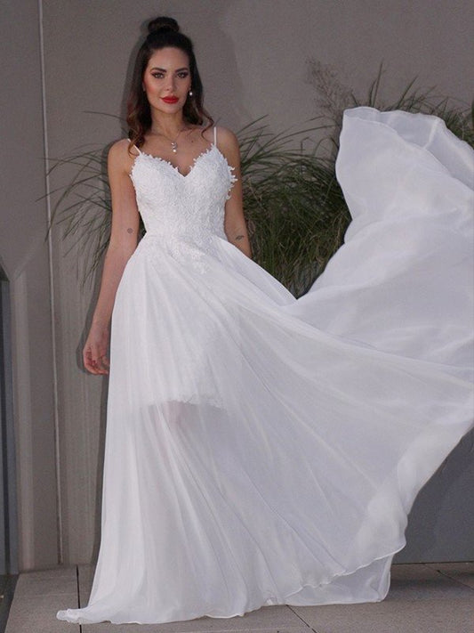 Applique Sleeveless Sweep/Brush Chiffon A-Line/Princess V-neck Train Wedding Dresses