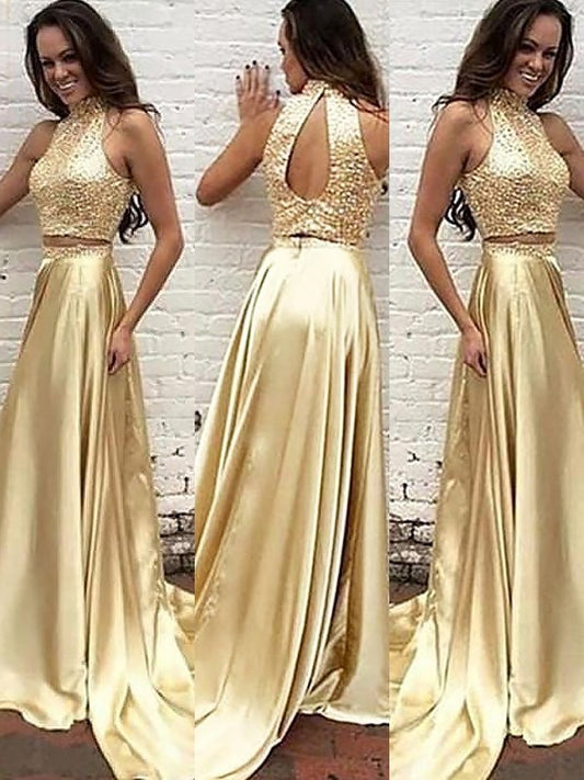 Neck High Sweep/Brush Satin Sleeveless Beading Train A-Line/Princess Two Piece Dresses