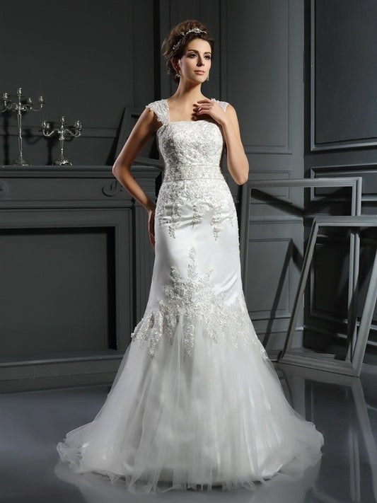 Applique Long Straps Trumpet/Mermaid Sleeveless Satin Wedding Dresses