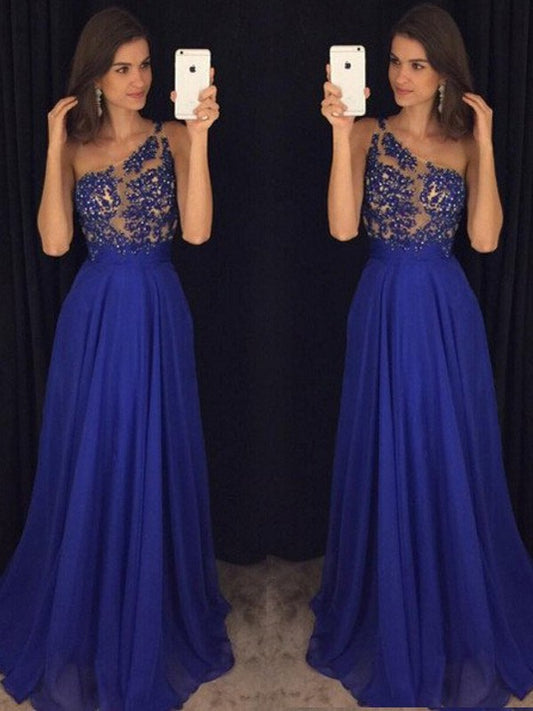 One-Shoulder Floor-Length Sleeveless A-Line/Princess Beading Chiffon Dresses