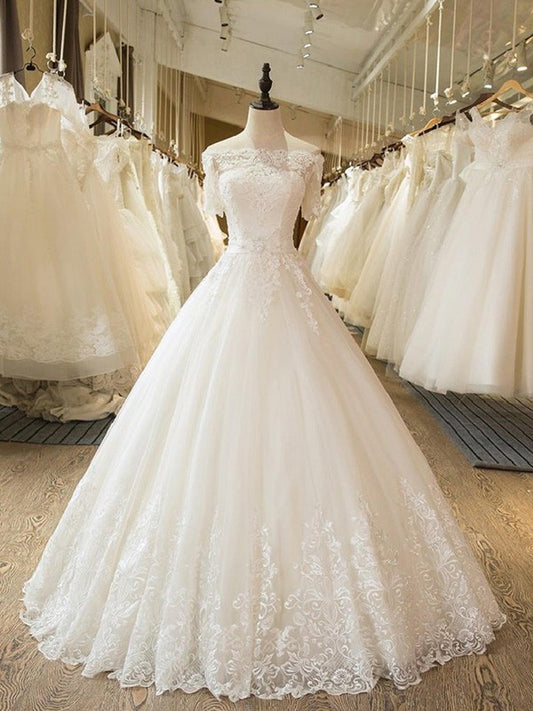 Lace Applique 1/2 Gown Floor-Length Off-the-Shoulder Sleeves Ball Tulle Wedding Dresses