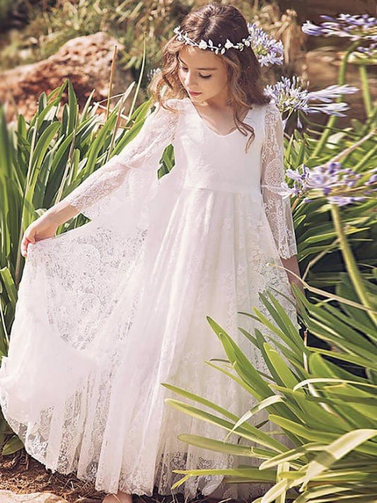 V-neck Lace A-Line/Princess Long Floor-Length Sleeves Flower Girl Dresses