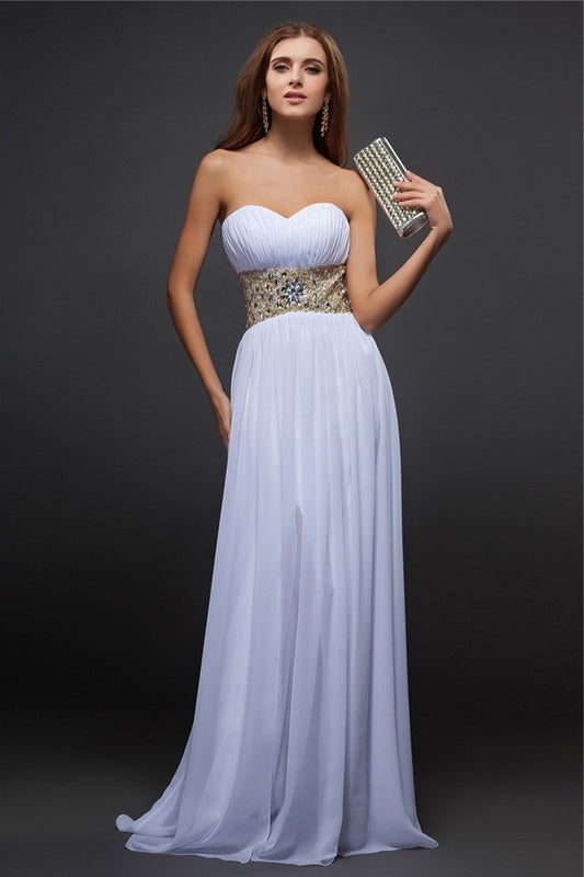 Sleeveless Sheath/Column Beading Sweetheart Long Chiffon Dresses