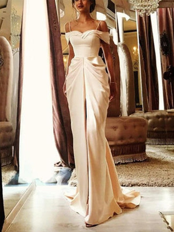 Train Silk Sweep/Brush Ruffles Off-the-Shoulder like Sleeves Sheath/Column Short Satin Wedding Dresses