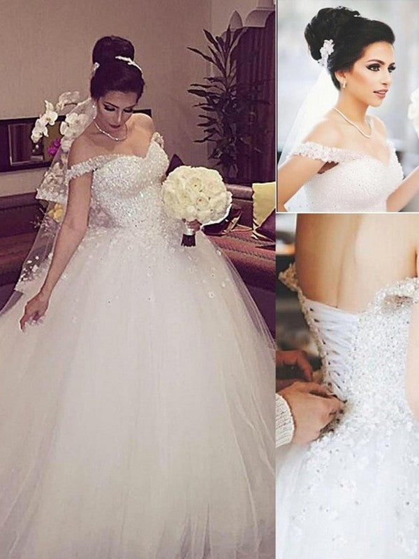 Train Sleeveless Ball Off-the-Shoulder Gown Court Lace Tulle Wedding Dresses