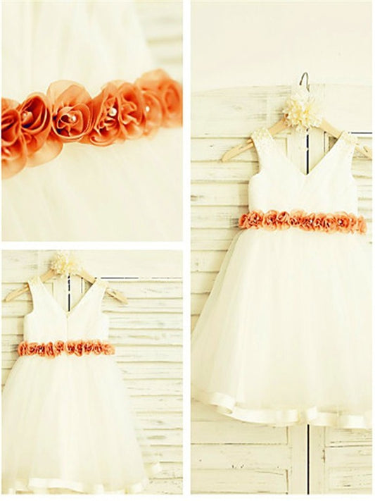 Tea-Length Tulle Sleeveless A-line/Princess Flower V-neck Hand-made Flower Girl Dresses