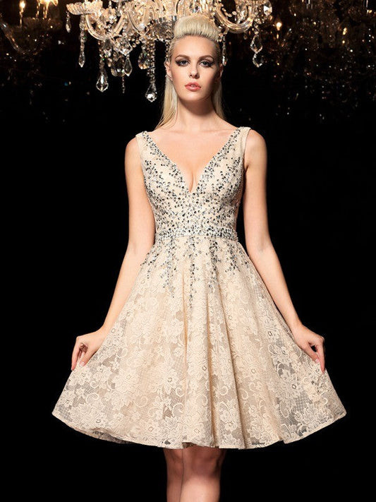 A-Line/Princess V-neck Beading Sleeveless Short Lace Martha Cocktail Homecoming Dresses Dresses