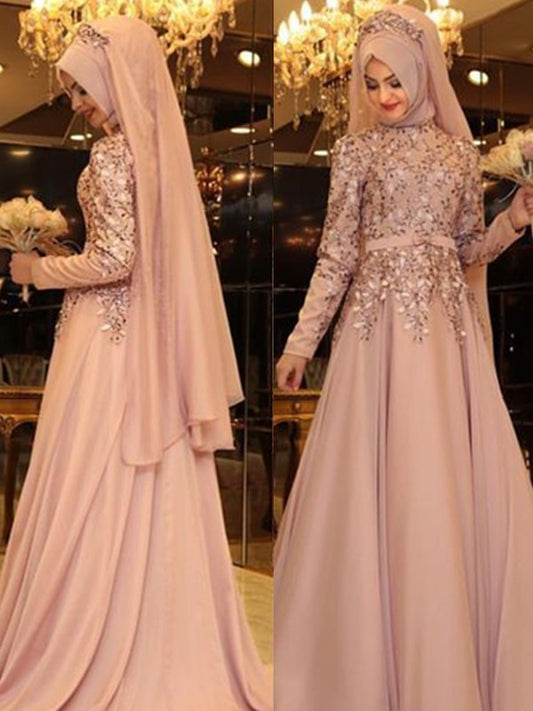 Floor-Length Long Sleeves Neck High A-Line/Princess Beading Chiffon Dresses