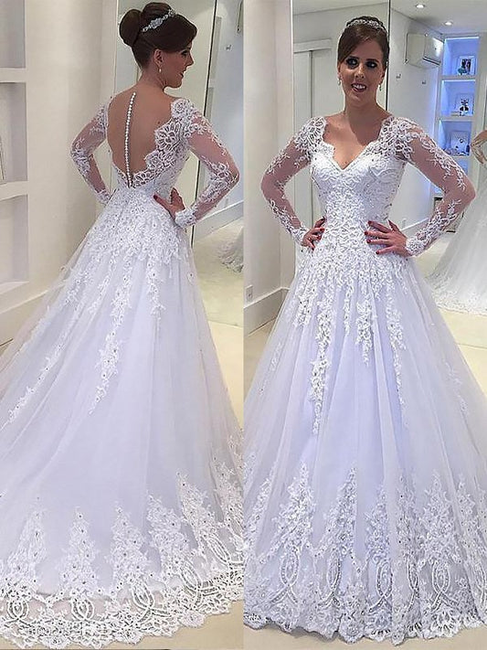 Applique A-Line/Princess V-neck Train Long Tulle Court Sleeves Wedding Dresses