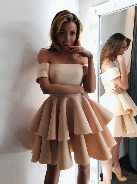 Satin Sleeveless A-Line/Princess Layers Off-the-Shoulder Short/Mini Homecoming Dresses