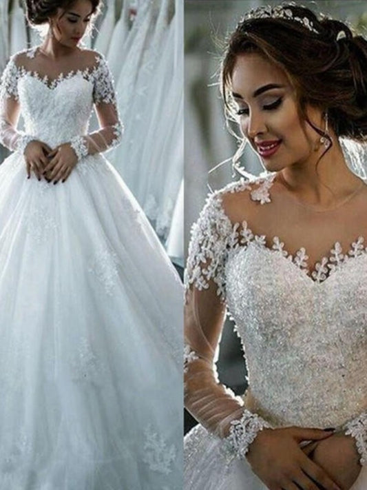 Long Gown Sleeves Scoop Court Ball Tulle Applique Train Wedding Dresses