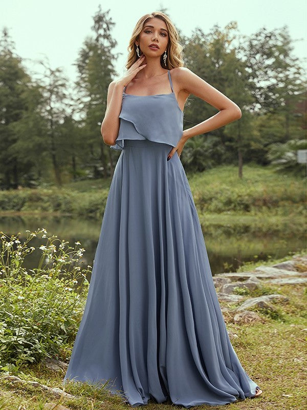 Spaghetti A-Line/Princess Sleeveless Chiffon Straps Ruffles Floor-Length Bridesmaid Dresses