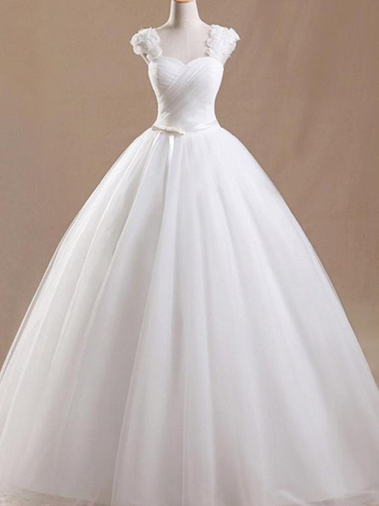 Ball Gown Sleeveless Ruffles Square Floor-Length Tulle Wedding Dresses