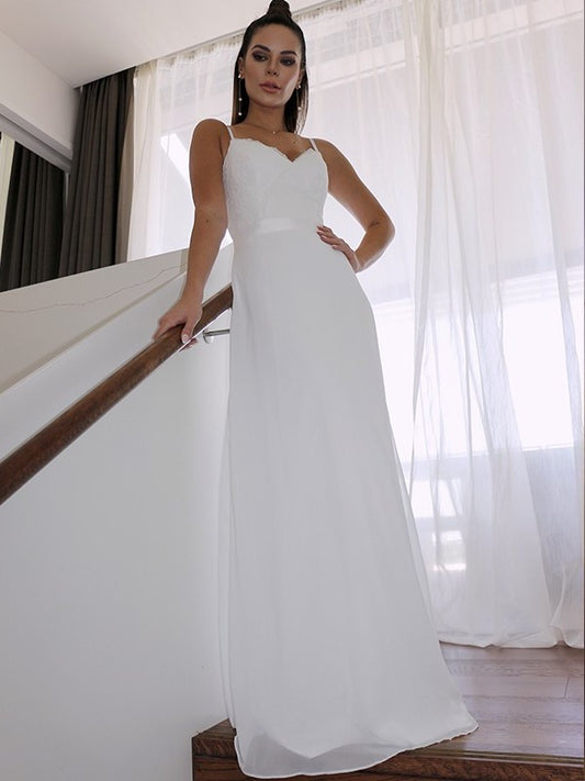 Straps Chiffon Sheath/Column Spaghetti Sleeveless Lace Floor-Length Wedding Dresses