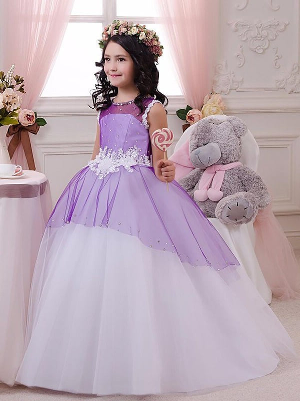 Tulle Ball Jewel Applique Gown Floor-Length Sleeveless Flower Girl Dresses