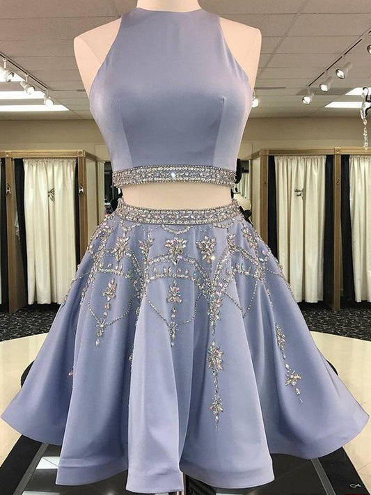 A-Line/Princess Sleeveless Emilia Bateau Satin Beading Homecoming Dresses Short/Mini Two Piece Dresses