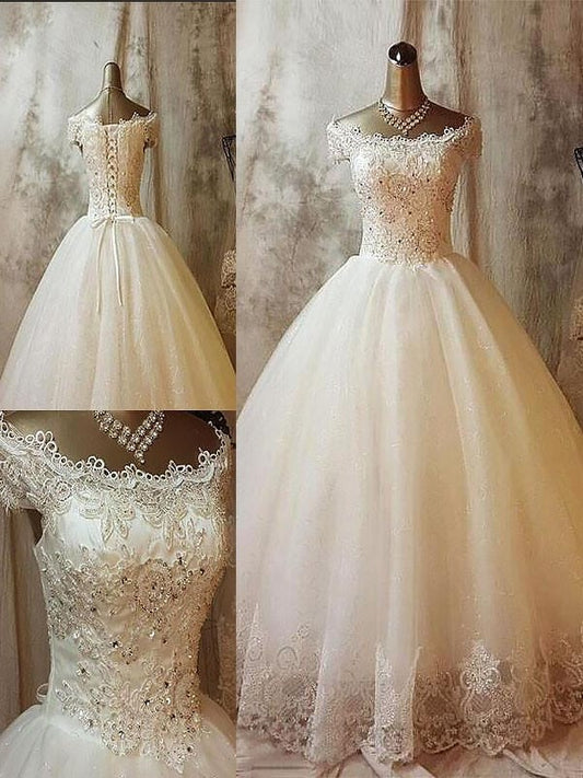 Off-the-Shoulder Applique Gown Sleeveless Ball Sweep/Brush Train Tulle Wedding Dresses