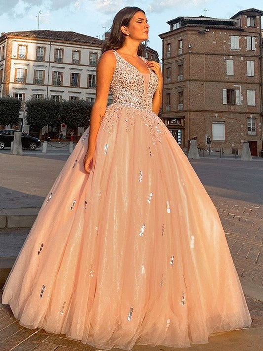 Gown V-neck Tulle Ball Beading Sleeveless Floor-Length Dresses