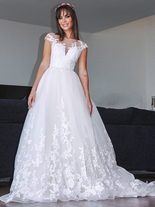 A-Line/Princess V-neck Court Applique Sleeveless Tulle Train Wedding Dresses