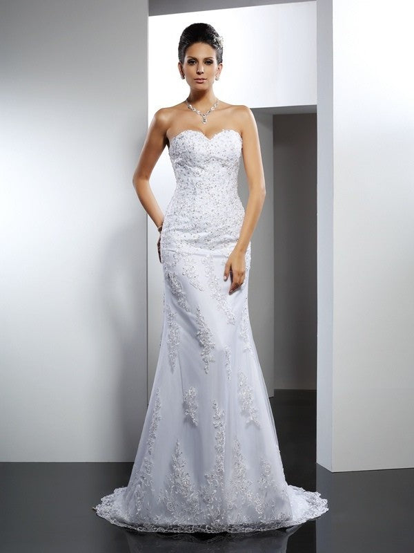 Long Trumpet/Mermaid Lace Sleeveless Sweetheart Satin Wedding Dresses