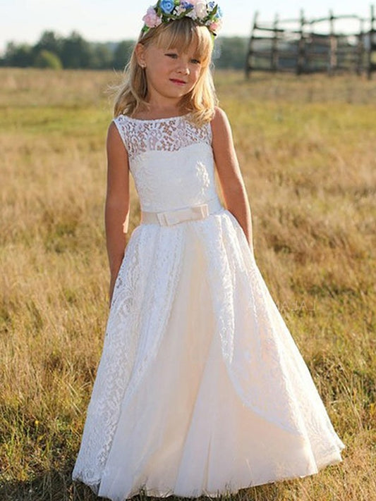 A-Line/Princess Sash/Ribbon/Belt Floor-Length Lace Scoop Sleeveless Flower Girl Dresses