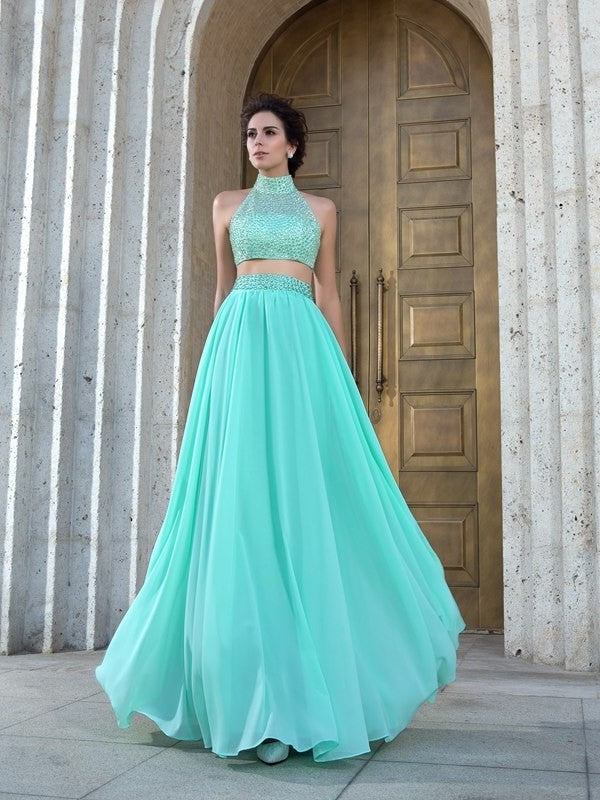 High Chiffon Sleeveless Long A-Line/Princess Neck Beading Two Piece Dresses