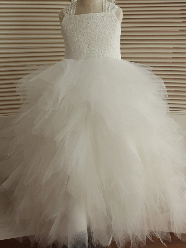 Ankle-Length Straps Sleeveless Lace A-Line/Princess Tulle Flower Girl Dresses