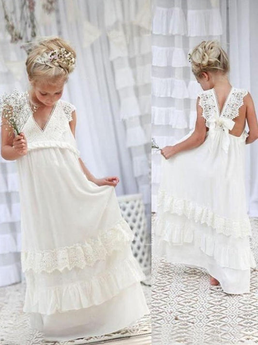 Floor-Length Sleeveless Empire Chiffon Lace V-neck Flower Girl Dresses