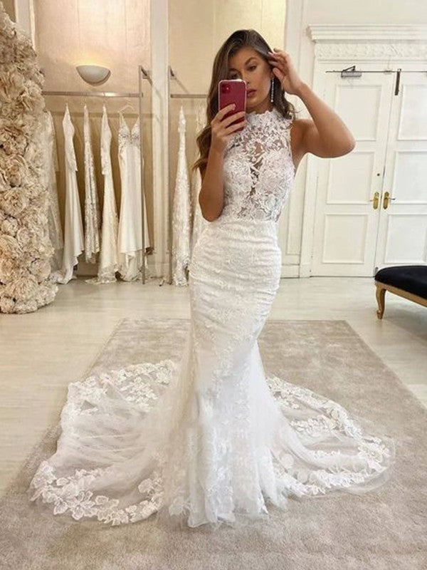 Sweep/Brush Sleeveless Train Trumpet/Mermaid Tulle Halter Applique Wedding Dresses