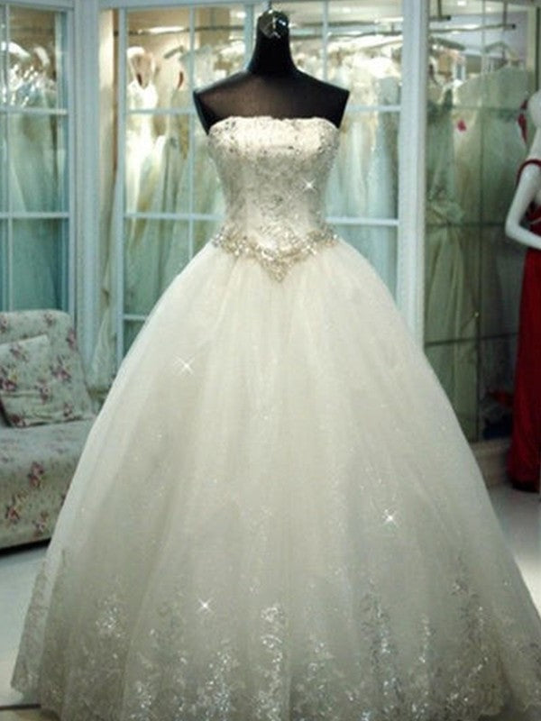 Beading Strapless Gown Sleeveless Ball Tulle Floor-Length Wedding Dresses