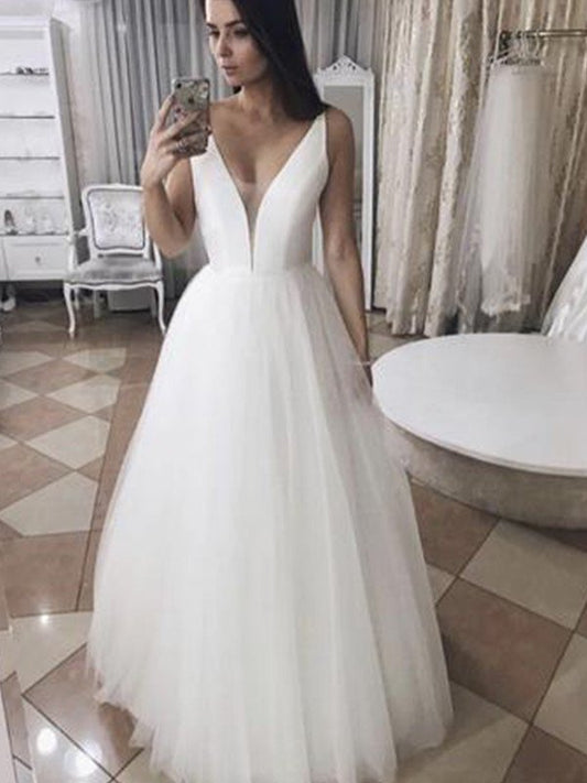 A-Line/Princess Tulle Ruffles V-neck Sleeveless Floor-Length Wedding Dresses