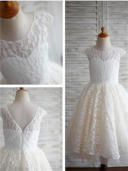 Scoop Short Tea-Length A-line/Princess Lace Sleeves Flower Girl Dresses