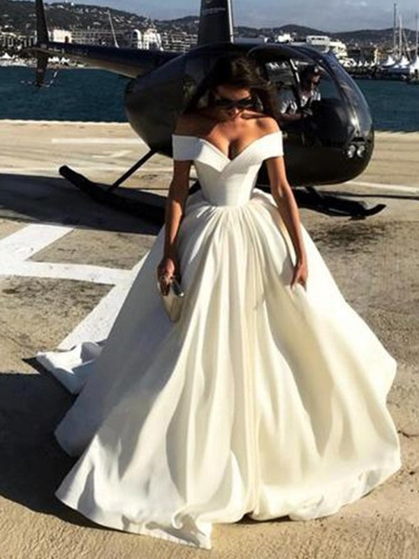 Off-the-Shoulder Ball Gown Train Court Satin Wedding Dresses