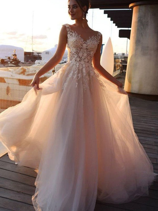 Sleeves A-Line/Princess Bateau Short Train Applique Sweep/Brush Tulle Wedding Dresses