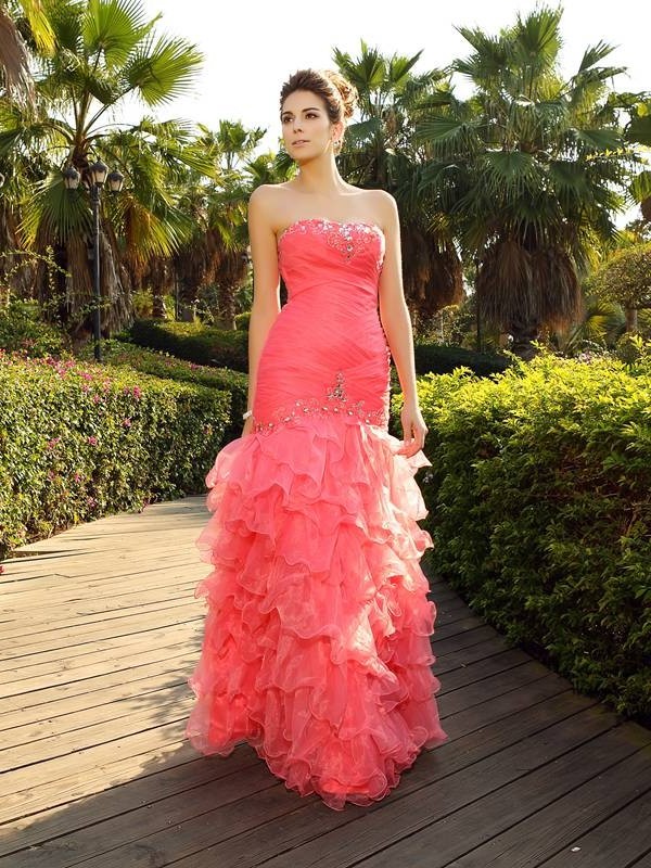 Beading Sleeveless Strapless Trumpet/Mermaid Long Organza Dresses