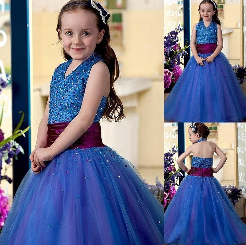 Halter Sleeveless Floor-Length Ball Sequins Tulle Gown Flower Girl Dresses